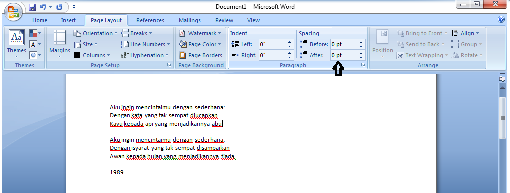 Format sudah diatur dengan line spacing 1.0 dan spacing after 0 pt