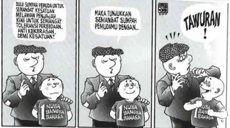 Karikatur lucu karya GM Sudarta tentang generasi muda. ( Sumber gambar : Screenshot dari BaleBengong.com, 2015)